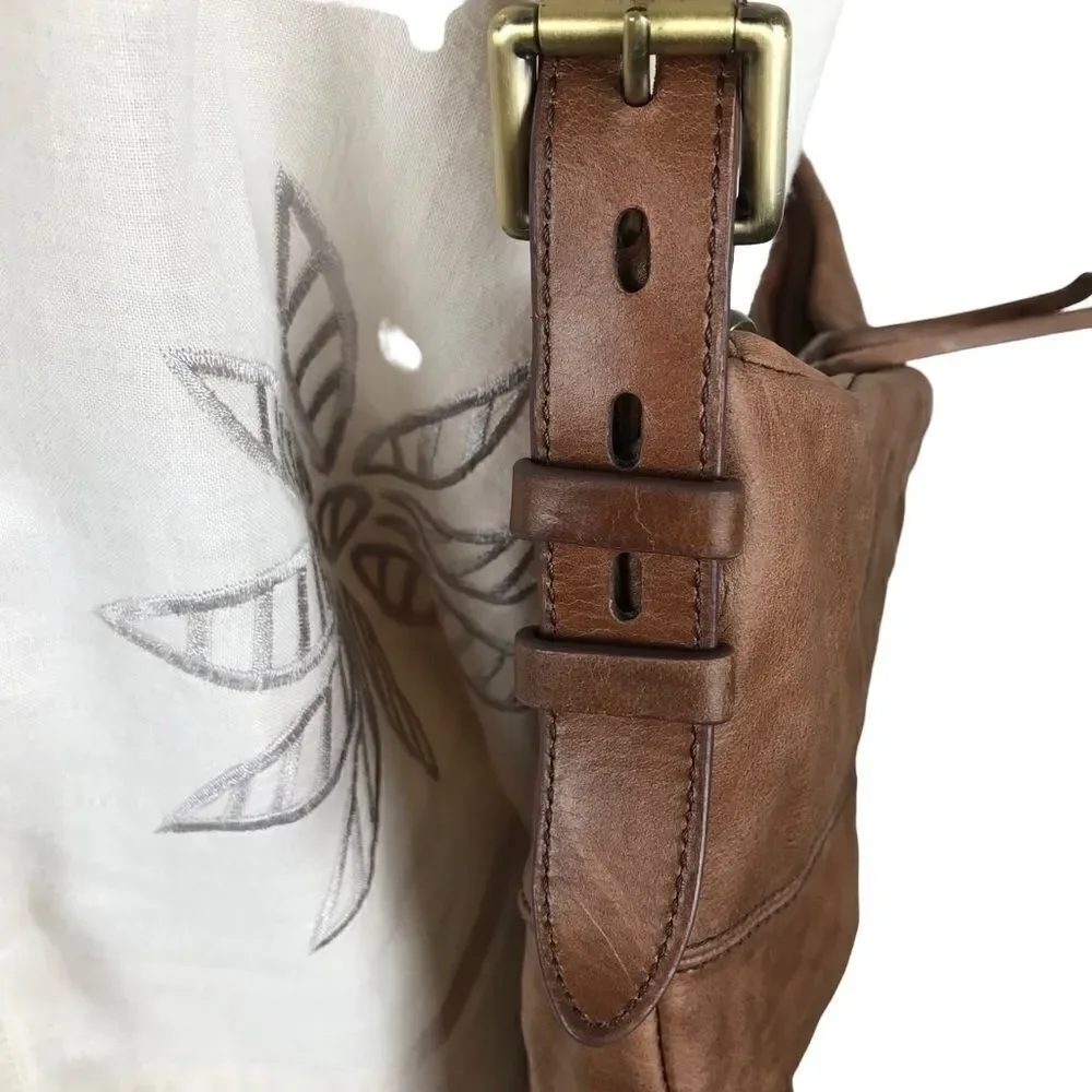 Hobo International Brand Camel Leather Shoulder‎ Bag with Blue Floral Liner